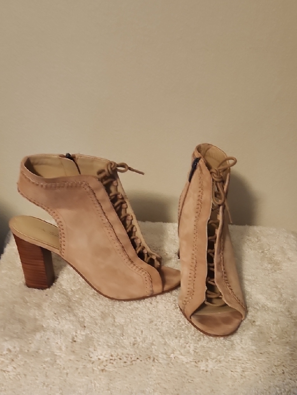 Via Spiga Taupe Lace-Up Peep Toe Block Heel Sandals